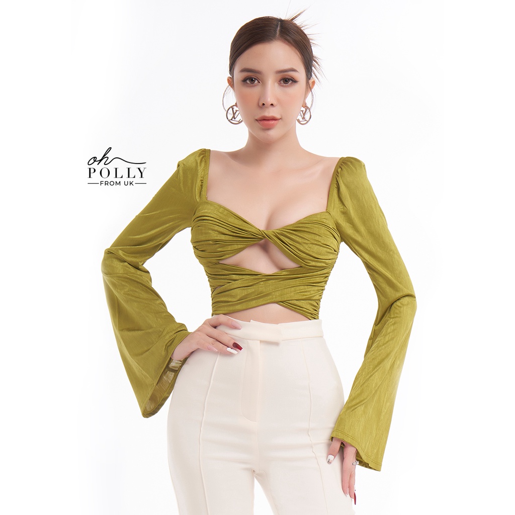 Oh Polly - Áo croptop tay dài khoét ngực, cổ vuông tay dài sexy