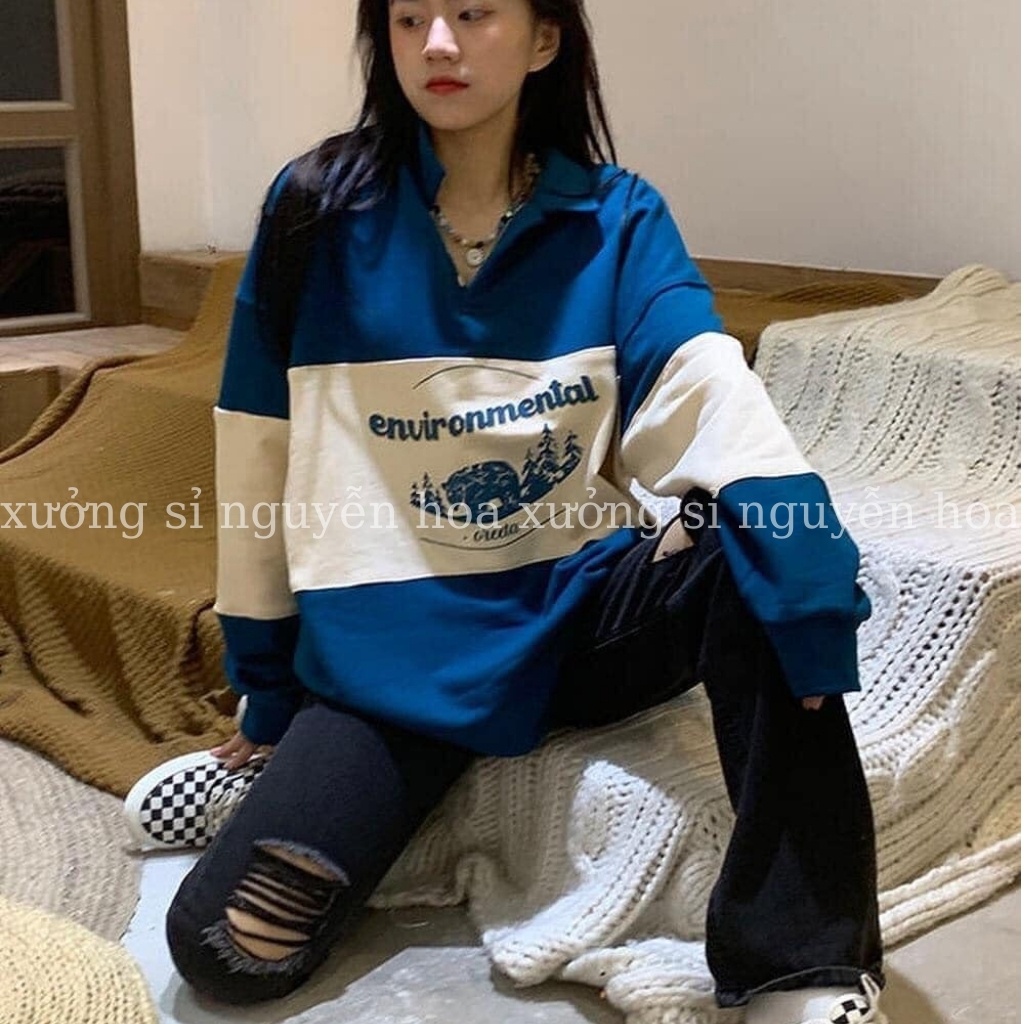 Áo sweater nỉ unisex environmental phối màu form rộng nam nữ mặc được 2 màu đỏ xanh siêu hot Xưởng Sỉ Nguyễn Hoa