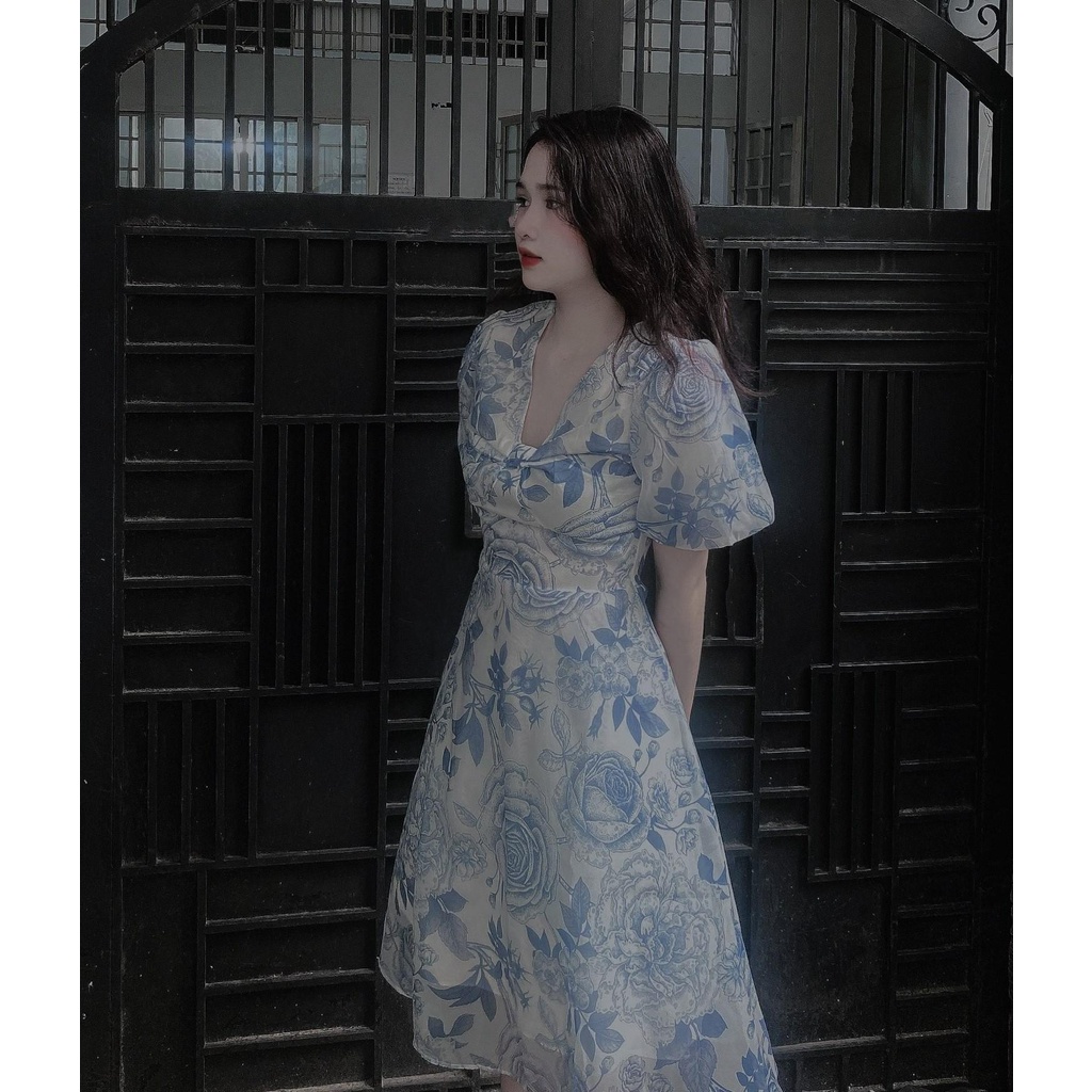 Đầm Hoa Nhún Ngực Tay Phồng - D0599