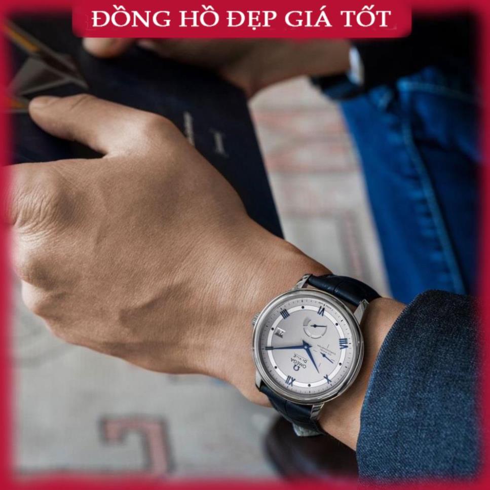 Đồng hồ Nam Omegga máy cơ automatic máy Nhật kim báo cót vỏ trắng kim xanh dây da 39mm WACH