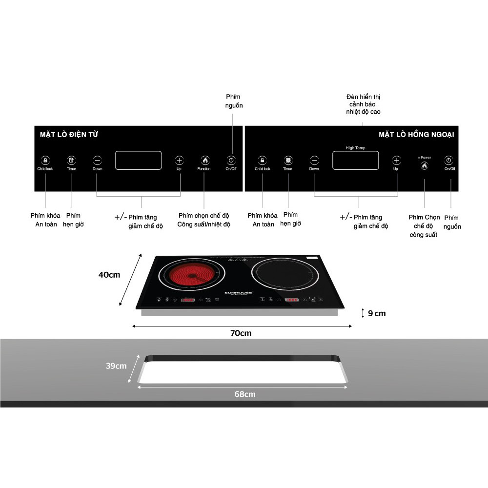 Bếp đôi điện từ hồng ngoại cảm ứng SUNHOUSE SHB8609 thông minh, đa năng,tiện lợi ,an toàn