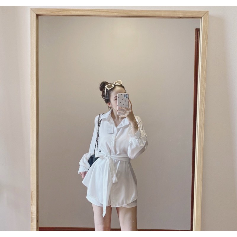 Bộ Áo Vest Dây Eo Kèm Quần [ Có Video Shopee Haul ] Set Áo Dài Nữ Quần Đùi Chất Đũi 2 Màu