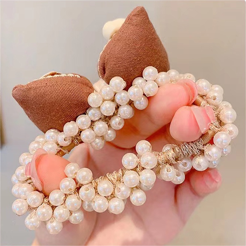 Dây Buộc Tóc Co Giãn Đính Hạt Và Nơ Màu Caramel Dễ Thương Cho Bạn Gái