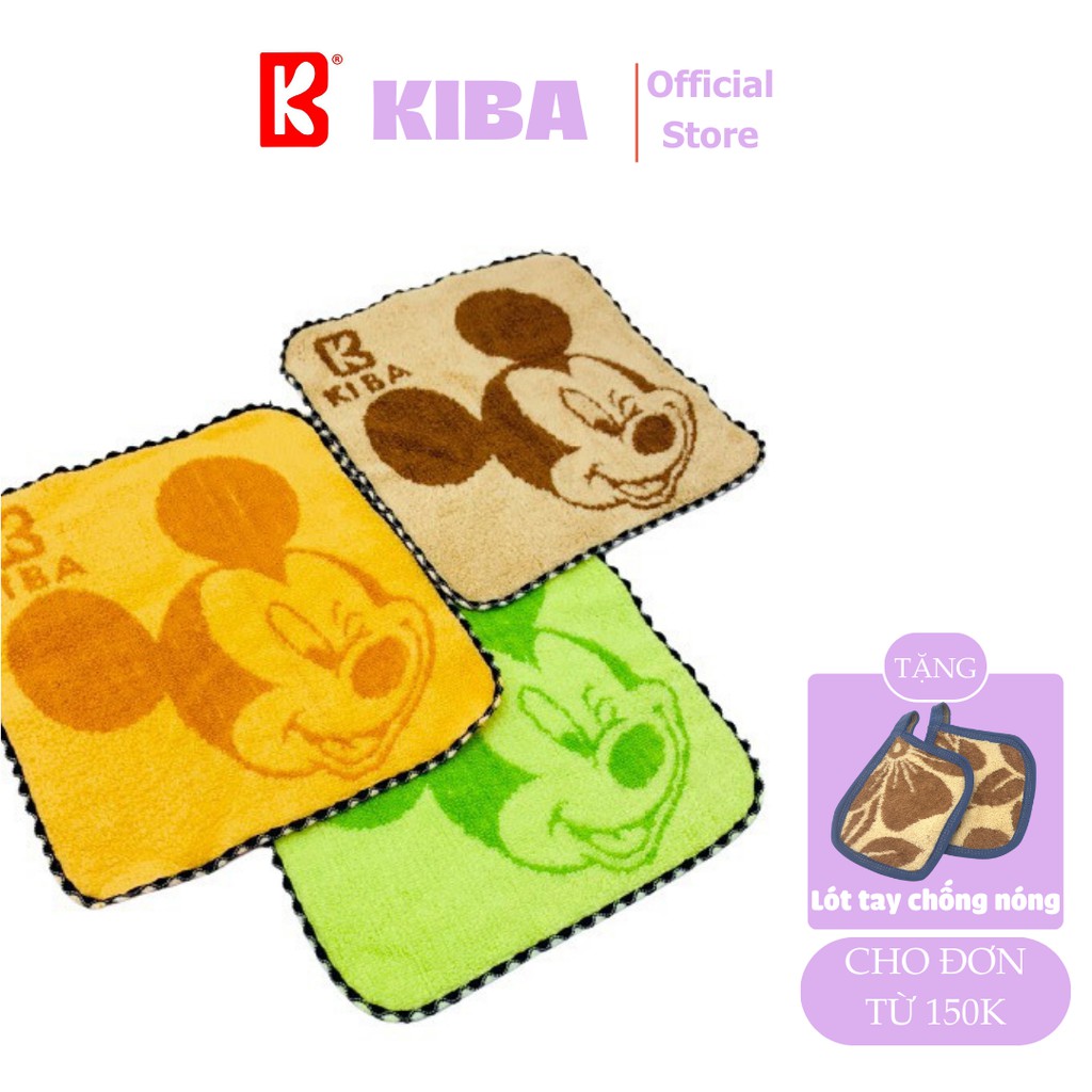 Khăn Mặt Cho Bé KIBA Họa Tiết Chuột Mickey KT 25x25cm Chất Cotton Êm, Mềm, Thấm Hút Tốt, An Toàn