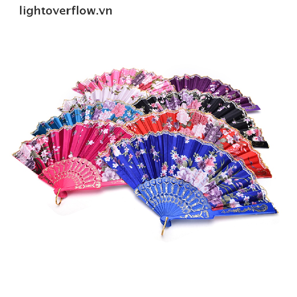 [lightoverflow] Quạt Xếp Cầm Tay Bằng Lụa Phối Ren Hoa Cầm Tay Cho Tiệc Cưới [VN