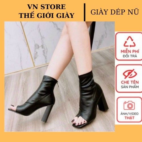 GIÀY BỐT CỔ LỬNG hở mũi gót vuông xỏ ngón 7P - Siêu sang ..