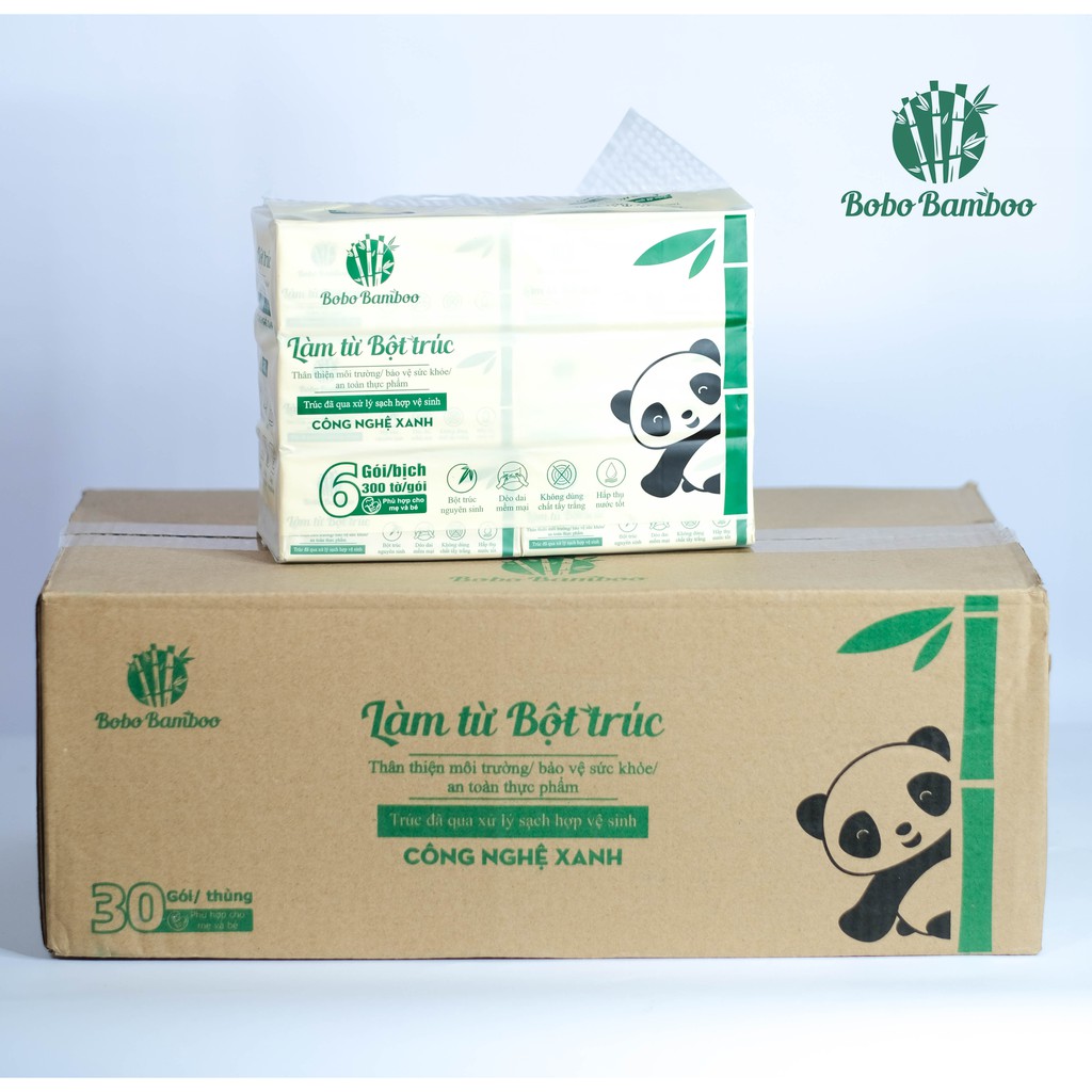 Combo giấy gấu trúc 36 gói rút+ 20 gói khăn giấy bỏ túi làm từ bột trúc siêu dai Bobo Bamboo