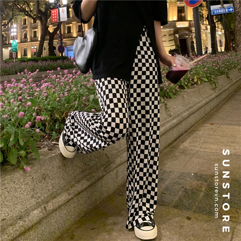 Quần ống rộng cạp cao họa tiết kẻ caro bàn cờ lưng chun co giãn Ulzzang