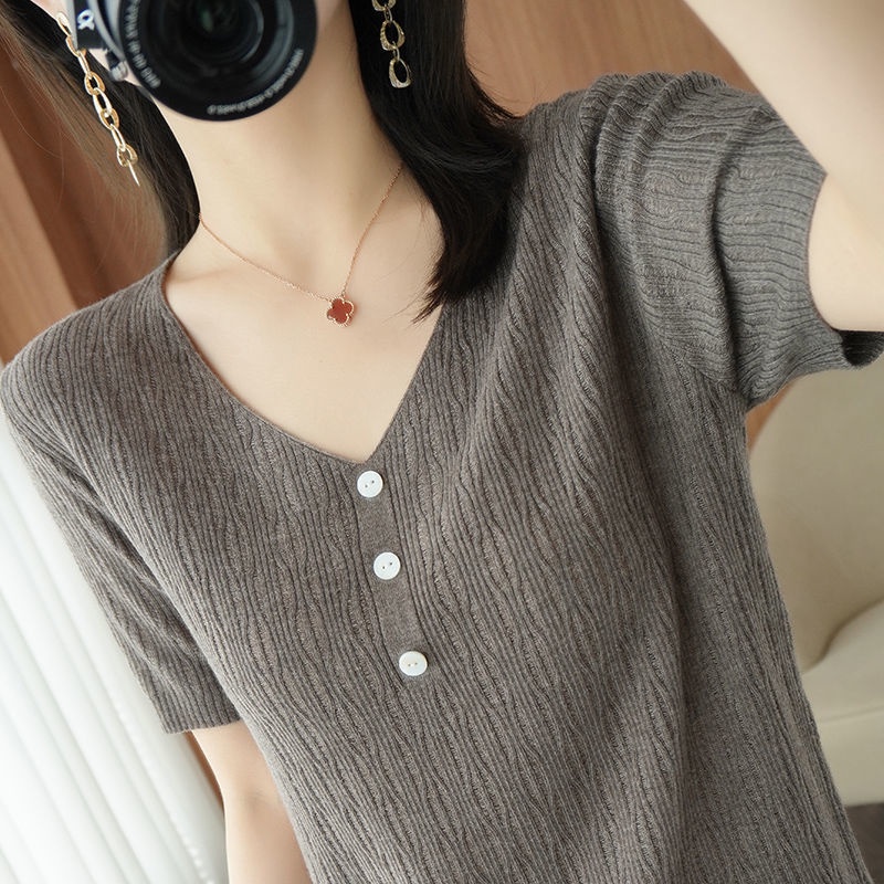 Áo Thun Lụa Lạnh Tay Ngắn Cổ Chữ V Dáng Rộng Thời Trang Dành Cho Nữ