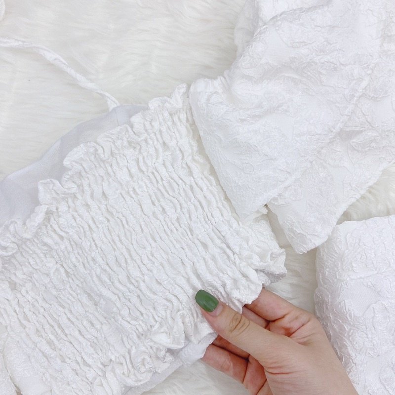 SET ÁO GẤM TRỄ VAI BÈO TẦNG CROPTOP + CHÂN VÁY LÓT QUẦN