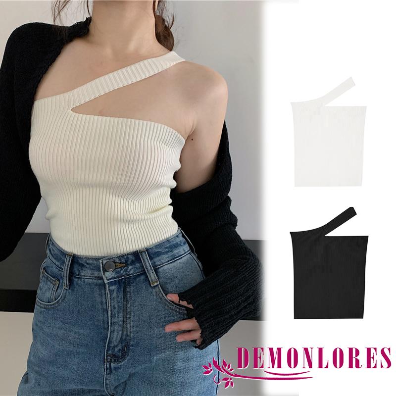 Áo croptop dệt kim màu trơn thiết kế trễ vai phong cách quyến rũ