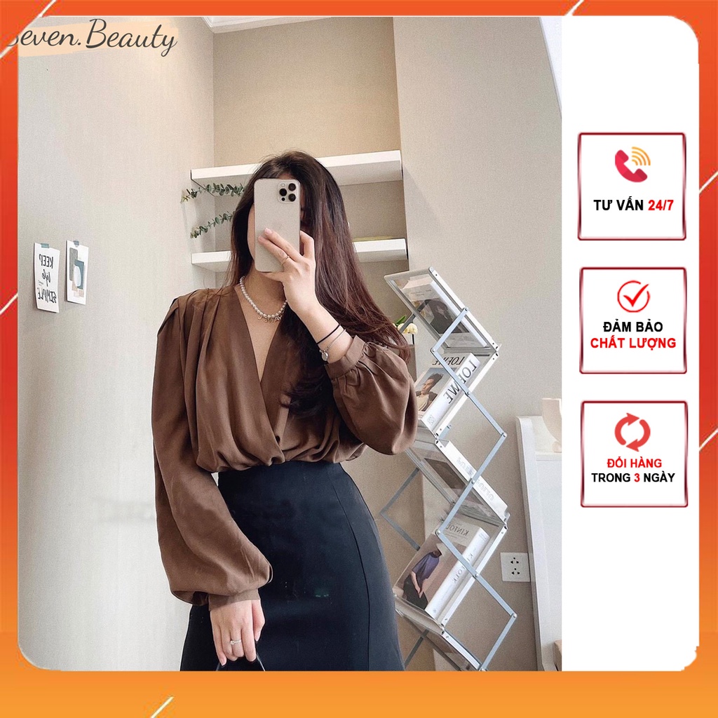 A85 Áo sơ mi nữ thiết kế vạt chéo cổ V xếp li vai cách điệu 7.beautiful