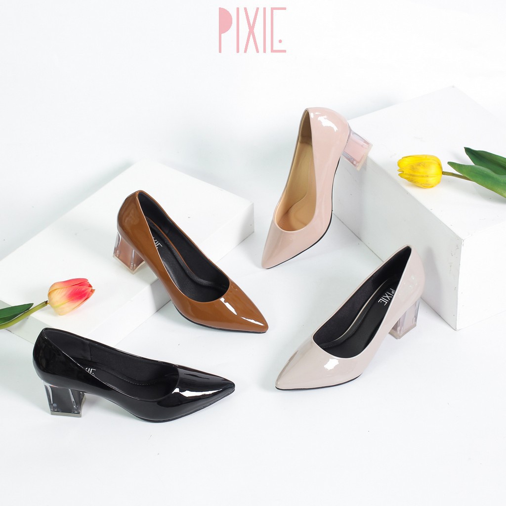 Giày Cao Gót 5cm Da Bóng Mũi Nhọn Đế Vuông Phối Mica Pixie P006