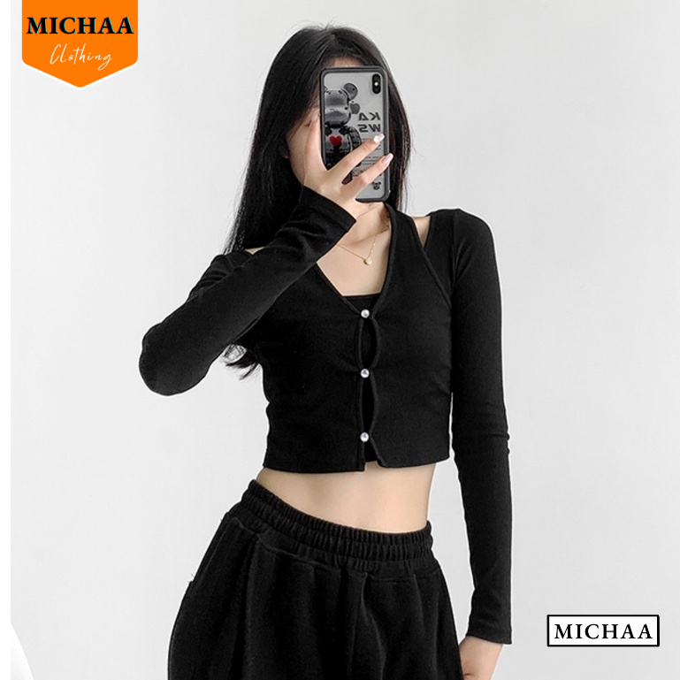 Áo Croptop Nữ Cổ Tròn TAY DÀI CHOÀNG CỔ Ôm Body, Áo Thun Croptop Kiểu Sexy Chất Thun Gân Thời Trang MICHAA CR72