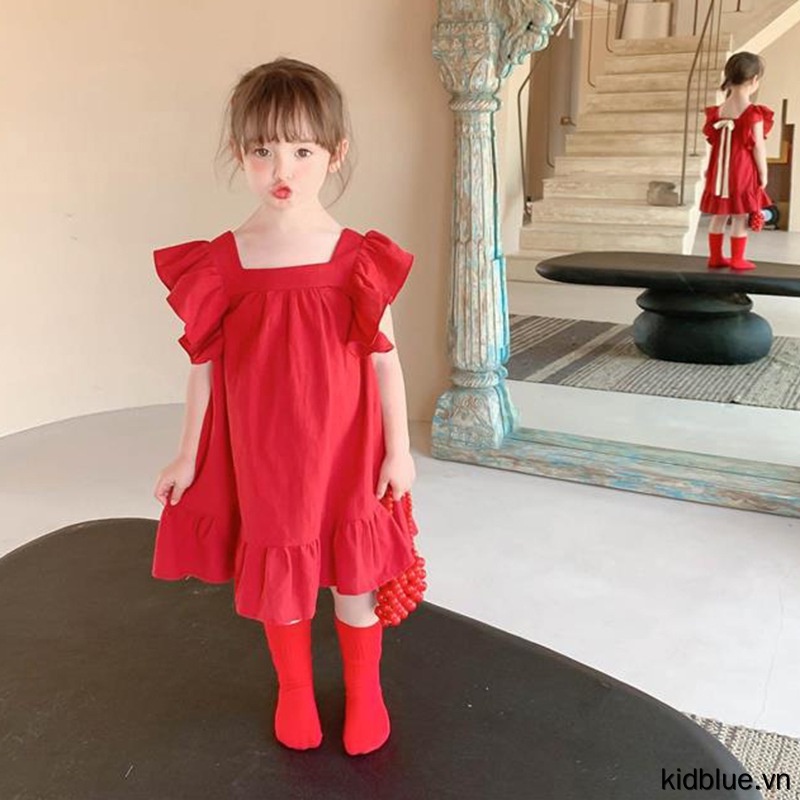 Đầm Công Chúa Cổ Vuông Thắt Nơ Lưng Thời Trang Mùa Hè Cho Bé Gái 3-8 Tuổi