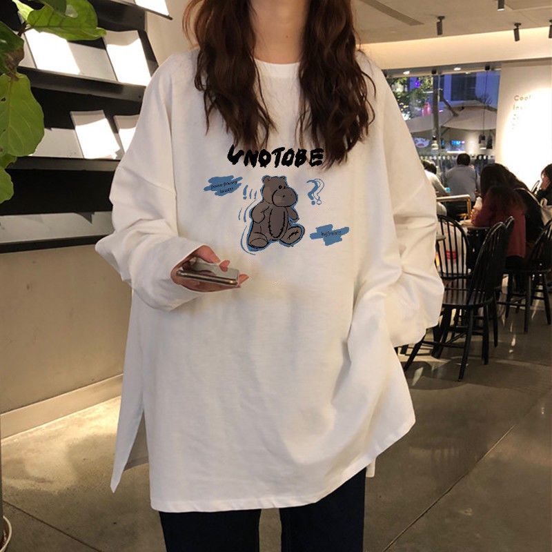 Áo Thun Cotton Tay Dài Dáng Rộng Màu Trắng Phong Cách Hàn Quốc Thời Trang Cho Nữ