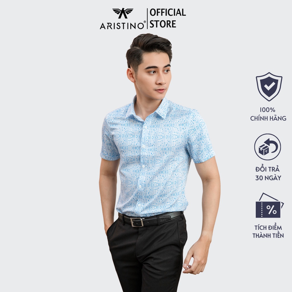 Áo sơ mi nam ngắn tay họa tiết sọc chấm xanh ARSTINO phom ôm nhẹ, mặt vải mềm thoáng khí - ASS090S1
