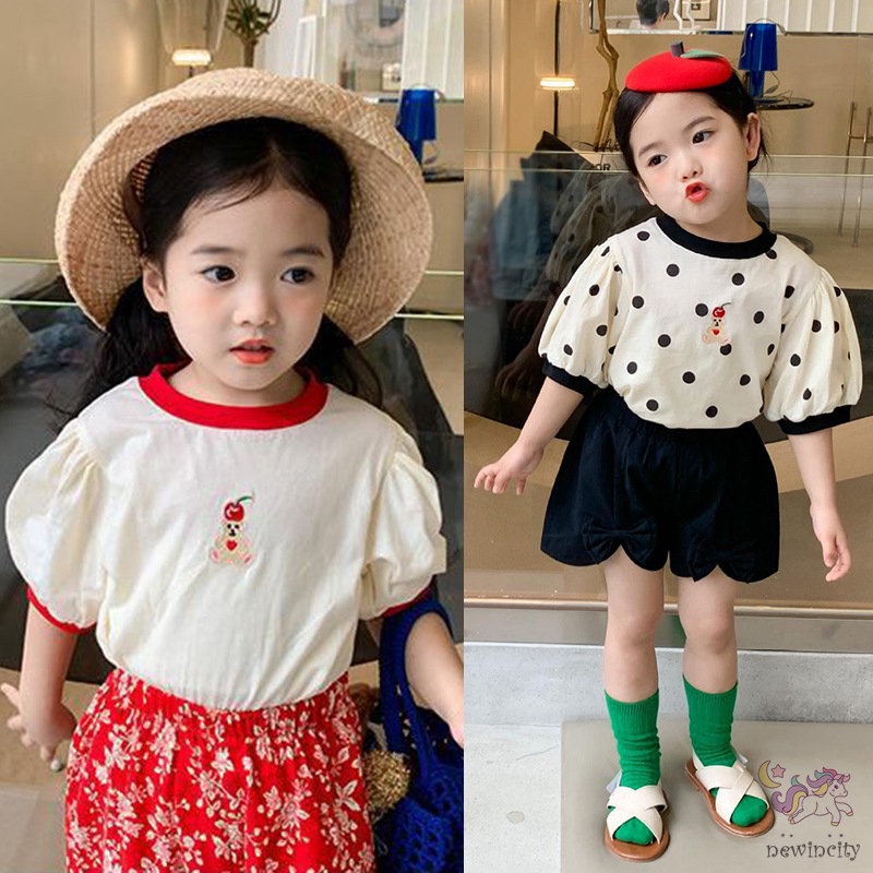 Áo Thun Tay Ngắn Họa Tiết Chấm Bi Xinh Xắn Phong Cách Hàn Quốc Cho Bé Gái