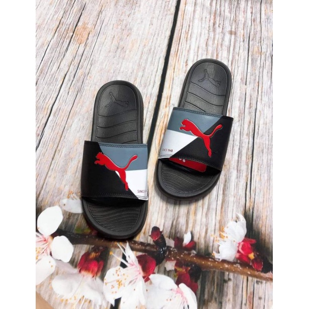 CHÍNH HÃNG - Dép Puma Đen Logo Đỏ