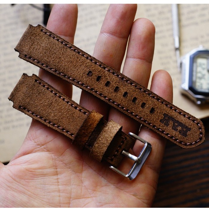 Dây đồng hồ RAM Leather 1960 cho CASIO 1200, AE 1200, 1300, 1100, A159 , A168 , Size 18 da bò lộn nâu