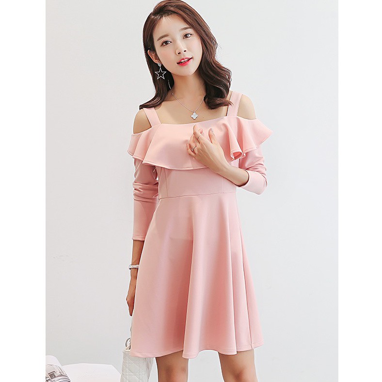 Đầm dự tiệc trễ vai phối bèo sang trọng thời trang nữ dự tiệc dạ hội dạo phố