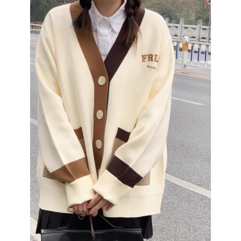 Áo khoác len cardigan chữ FR phối túi viền 2 màu hàng quảng châu siêu xinh