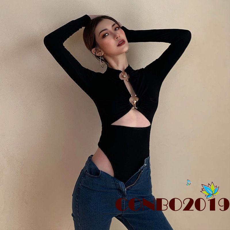 Bodysuit Màu Đen Trơn Tay Dài Kèm Vòng Kim Loại Dành Cho Nữ