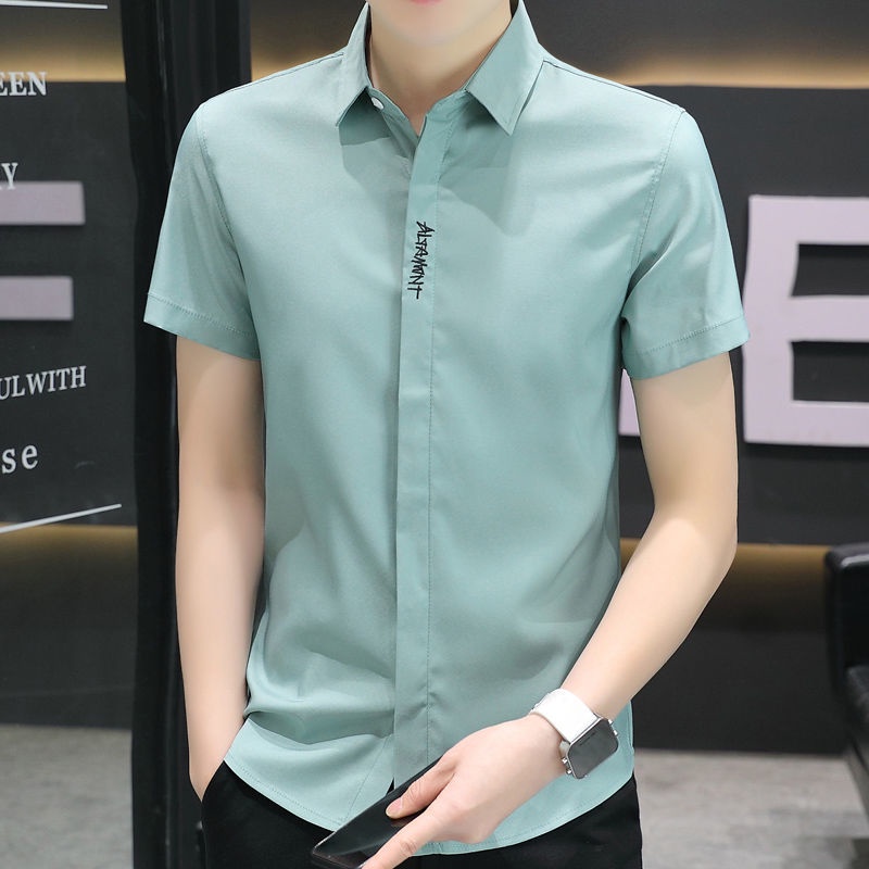 Áo Sơ Mi Ngắn Tay Dáng Ôm Thêu Họa Tiết Thời Trang Hàn Quốc Cho Nam