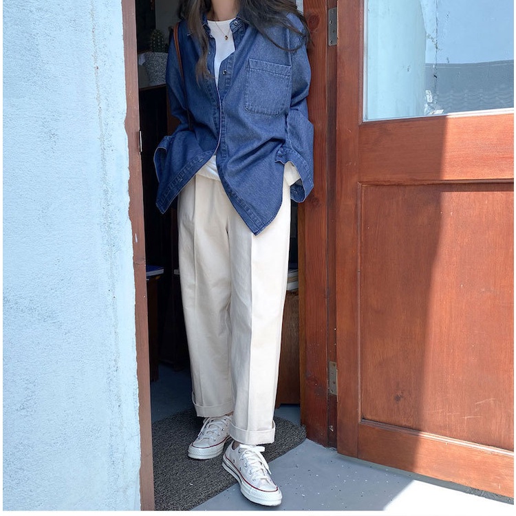 Áo sơ mi denim tay dài có túi phong cách Hàn Quốc cho nữ