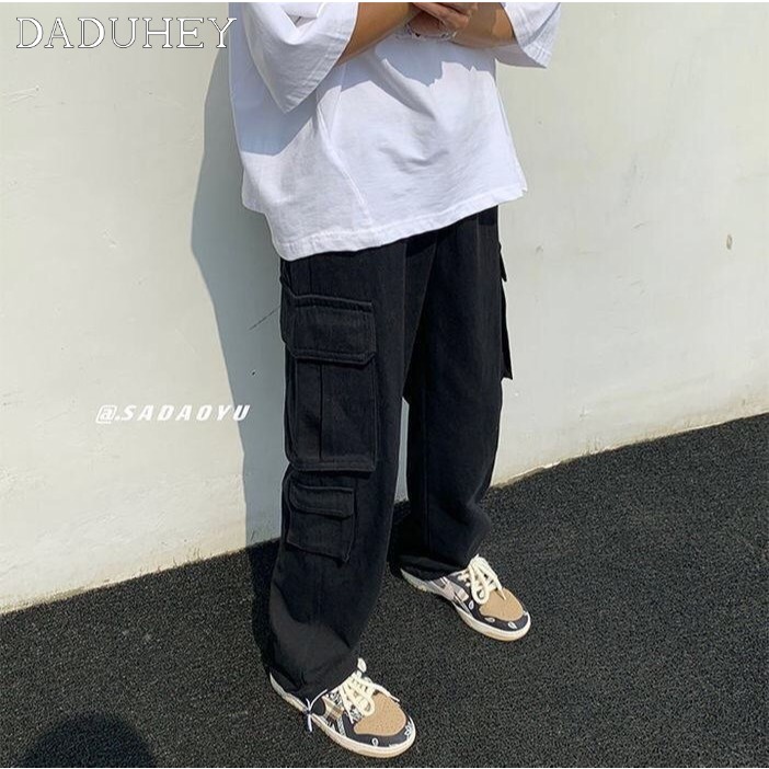 DaDuHey Men's American Retro High Street Pants Cool Oversize Draping Multi-Pocket Cargo Pants