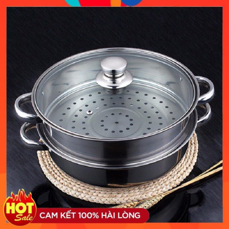 (Freeship) Nồi lẩu kiêm nồi hấp 2 tầng inox nắp thủy tinh cao cấp