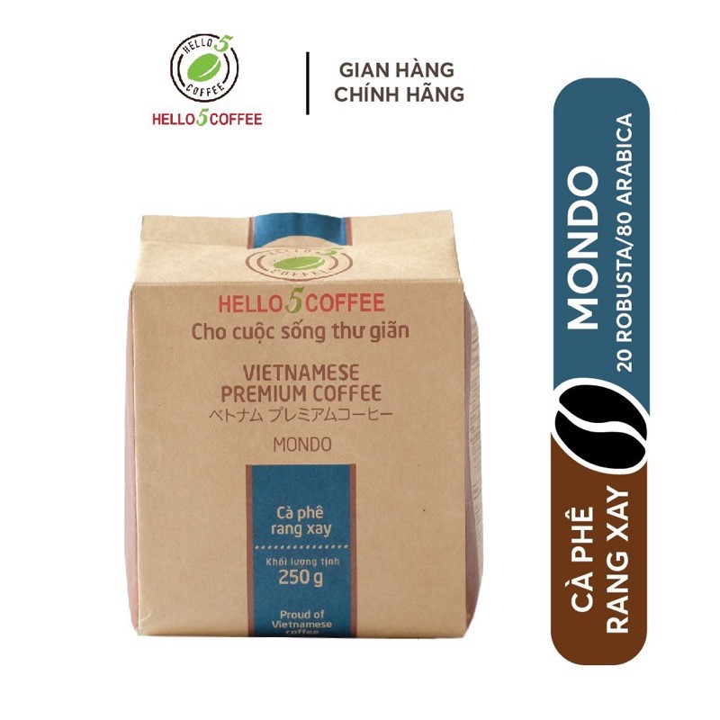 Cafe pha phin Nguyên Chất Rang Xay Hello 5 Coffee MONDO - Gói 250g