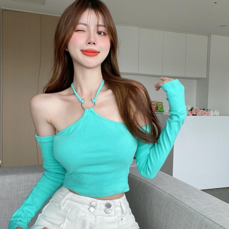 SUXI Áo Thun Dệt Kim Tay Dài Hở Vai Dáng Ôm Thời Trang Hàn Quốc