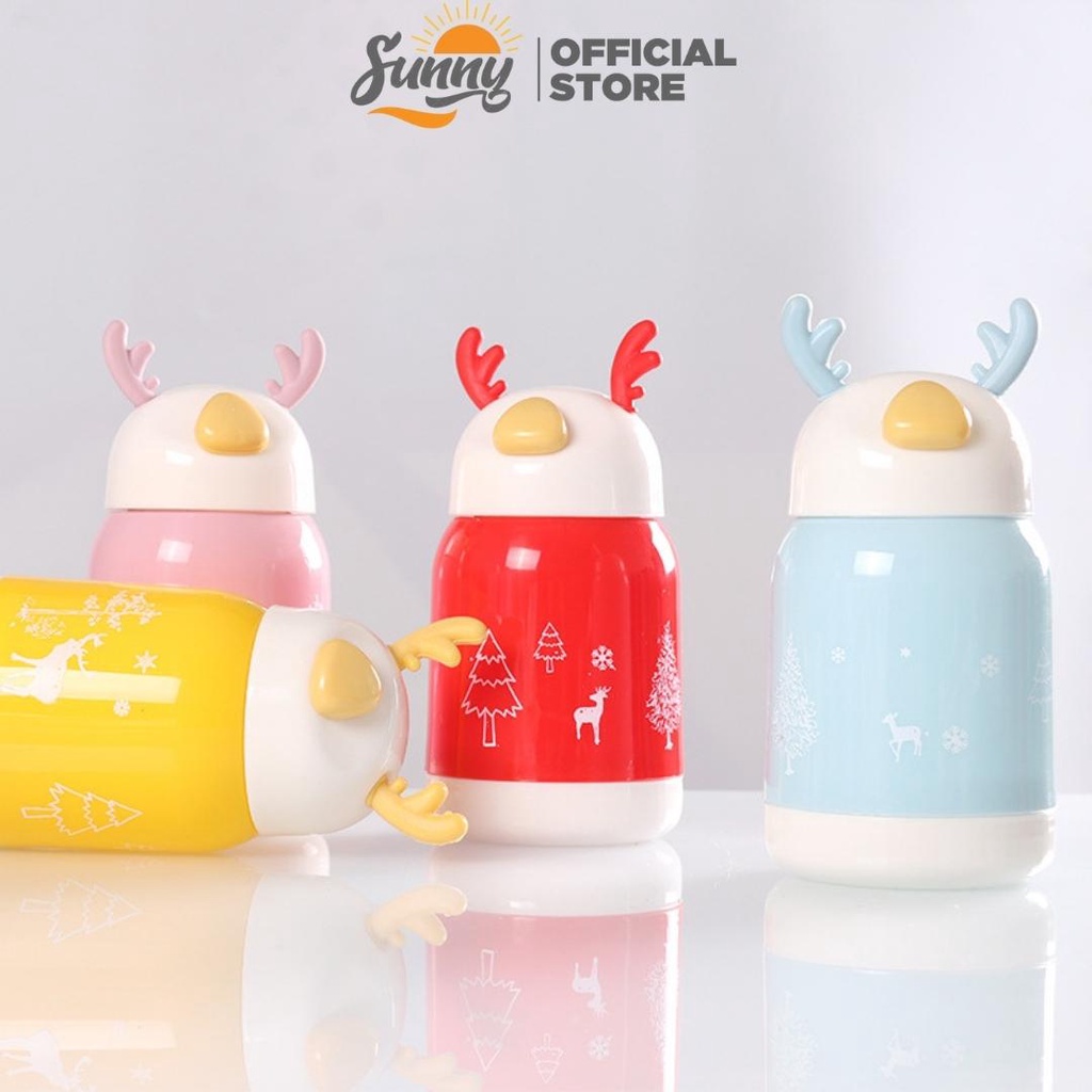Bình nước giữ nhiệt tai hươu cute lõi thuỷ tinh bọc nhựa dung tích 380ml decor bàn học BN14