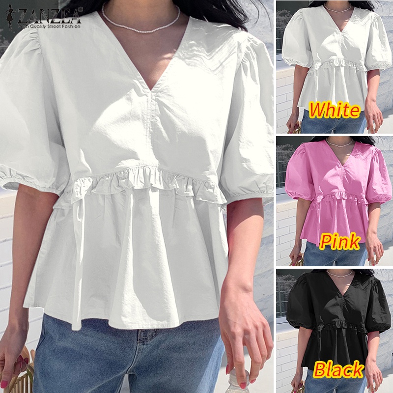 Áo kiểu Zanzea tay phồng cổ chữ v màu trơn thời trang hàn quốc cho nữ