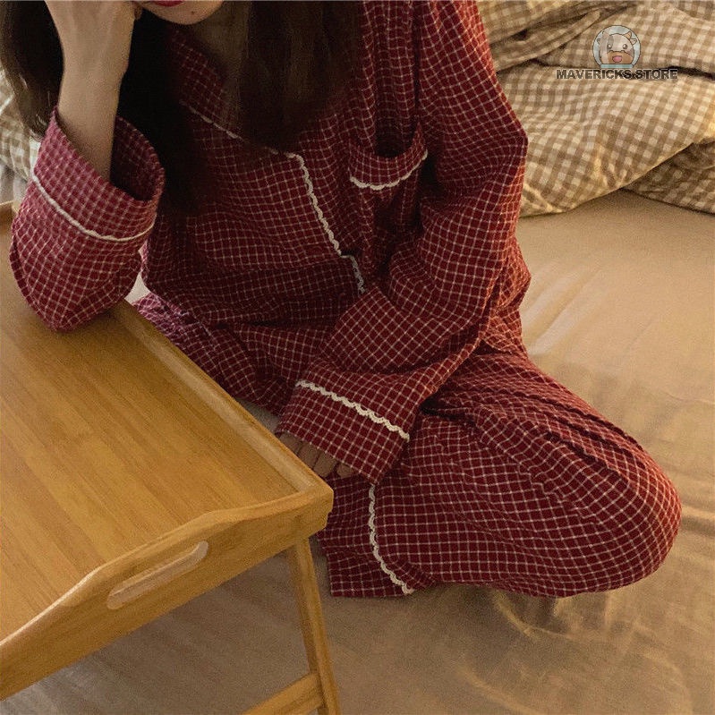 Bộ đồ ngủ dài tay họa tiết ca rô phong cách Hàn Quốc dành cho nữ