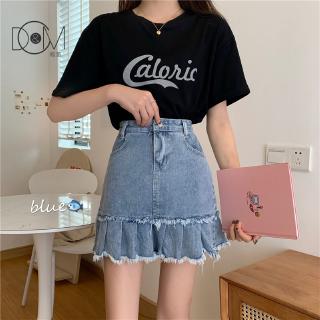 Chân váy denim lưng cao thiết kế xếp ly phong cách Hàn quốc