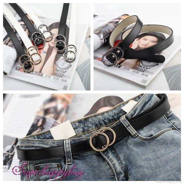 Thắt lưng da PU thời trang cho nữ với khóa kim loại hình 2 vòng tròn