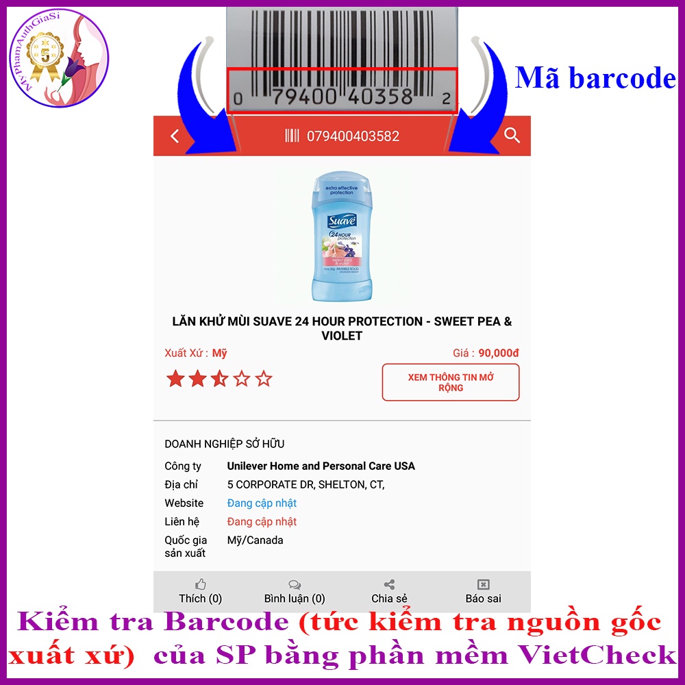 Lăn khử mùi cho nữ 24h Suave ngăn ngừa mùi hôi và khử sạch vùng da dưới cánh tay 39g - 74g Mỹ