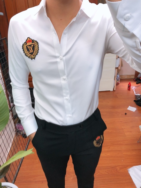 Sơ Mi Họa Tiết Nam Trắng Phối Họa Tiết Thêu Lá Lúa cao cấp Vải Lụa Chống Nhăn Không Xù 2020