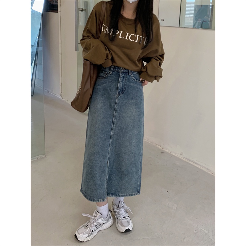 Chân váy jean XIAOZHAINV lưng cao dáng chữ A phong cách retro Hàn Quốc cho nữ