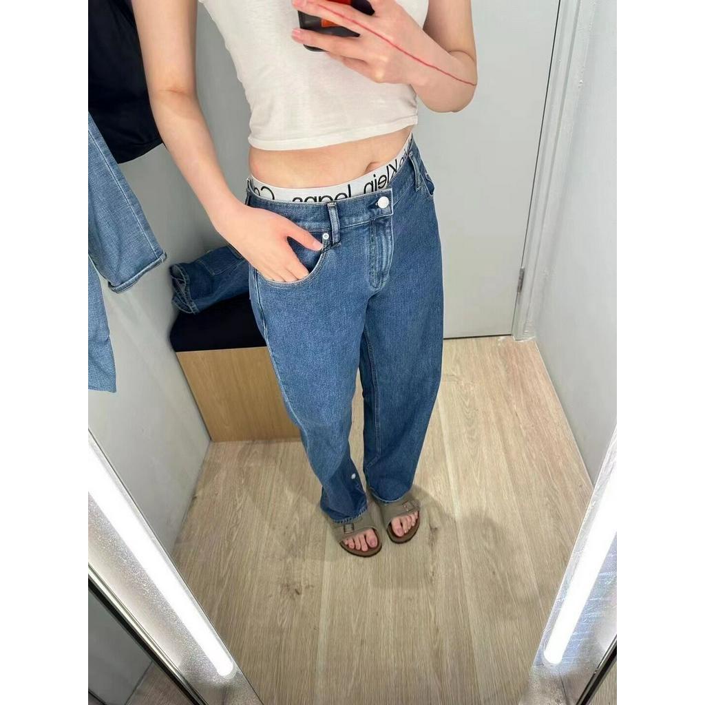 Quần Jean denim Xanh ck Dương Ôm Dáng Với Dây Thắt Lưng Ôm Dáng