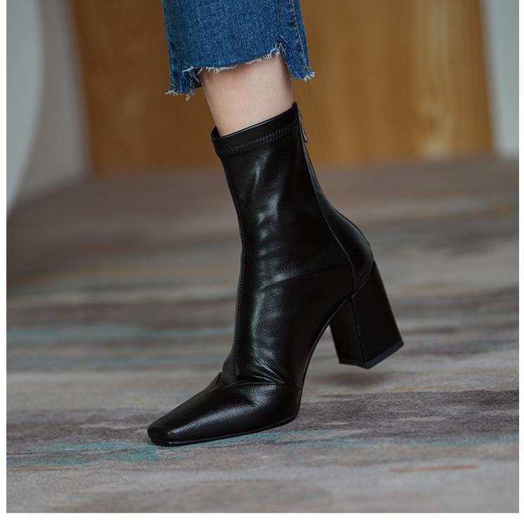 Boot da nữ cổ ngắn cao gót gót vuông công sở mũi nhọn vintage công sở JKH