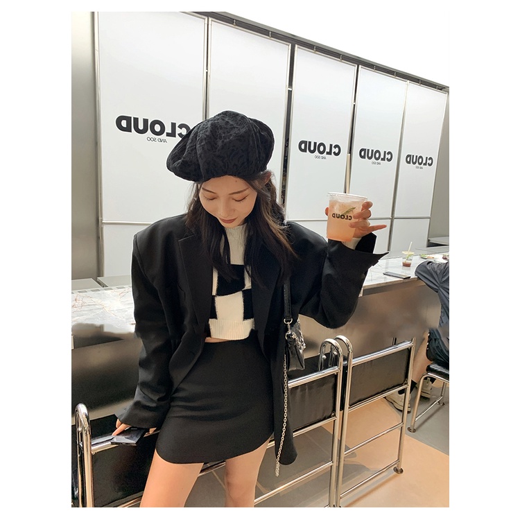 SUXI Áo sweater dệt kim tay dài lưng cao kẻ caro phong cách Hàn Quốc cá tính cho nữ