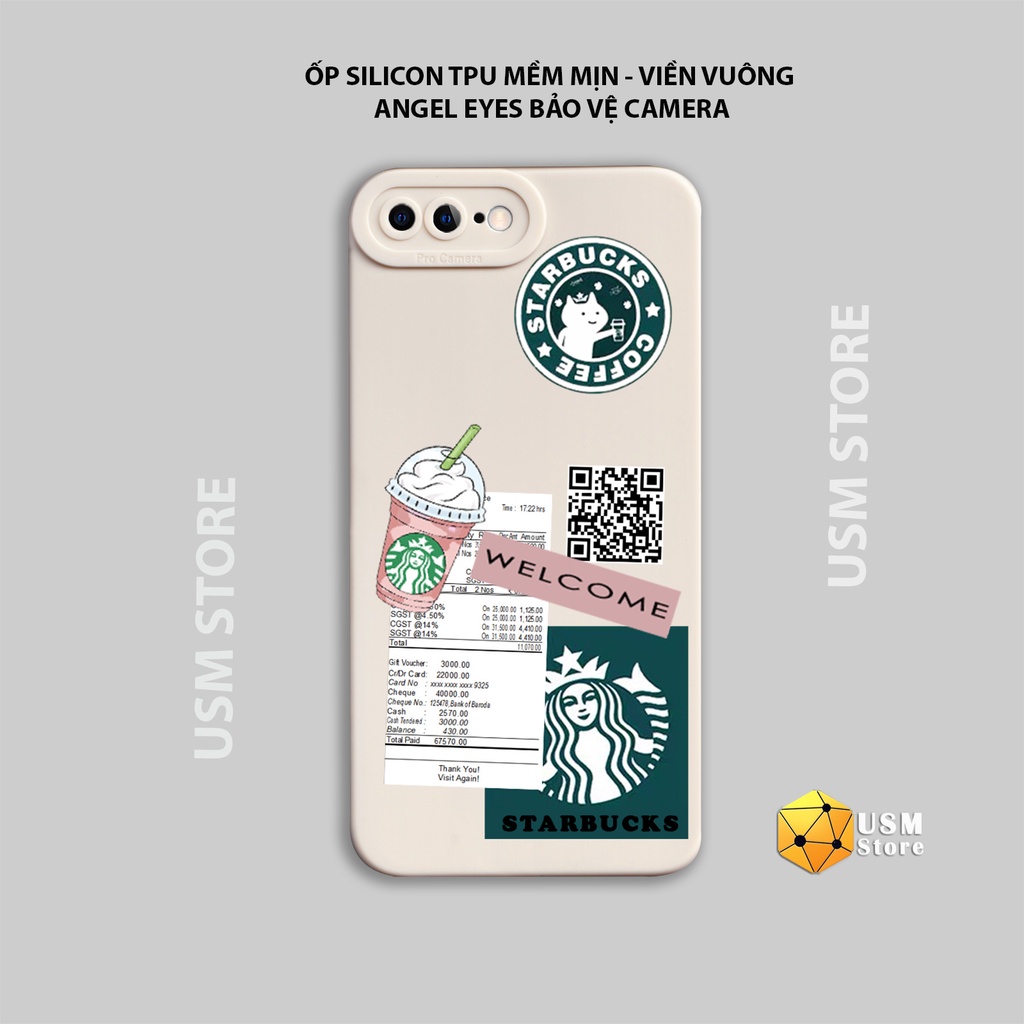 Ốp lưng iphone 7 plus / 8 plus chất TPU mềm mịn, viền vuông, mắt thiên thần bảo vệ camera, in hình Starbucks