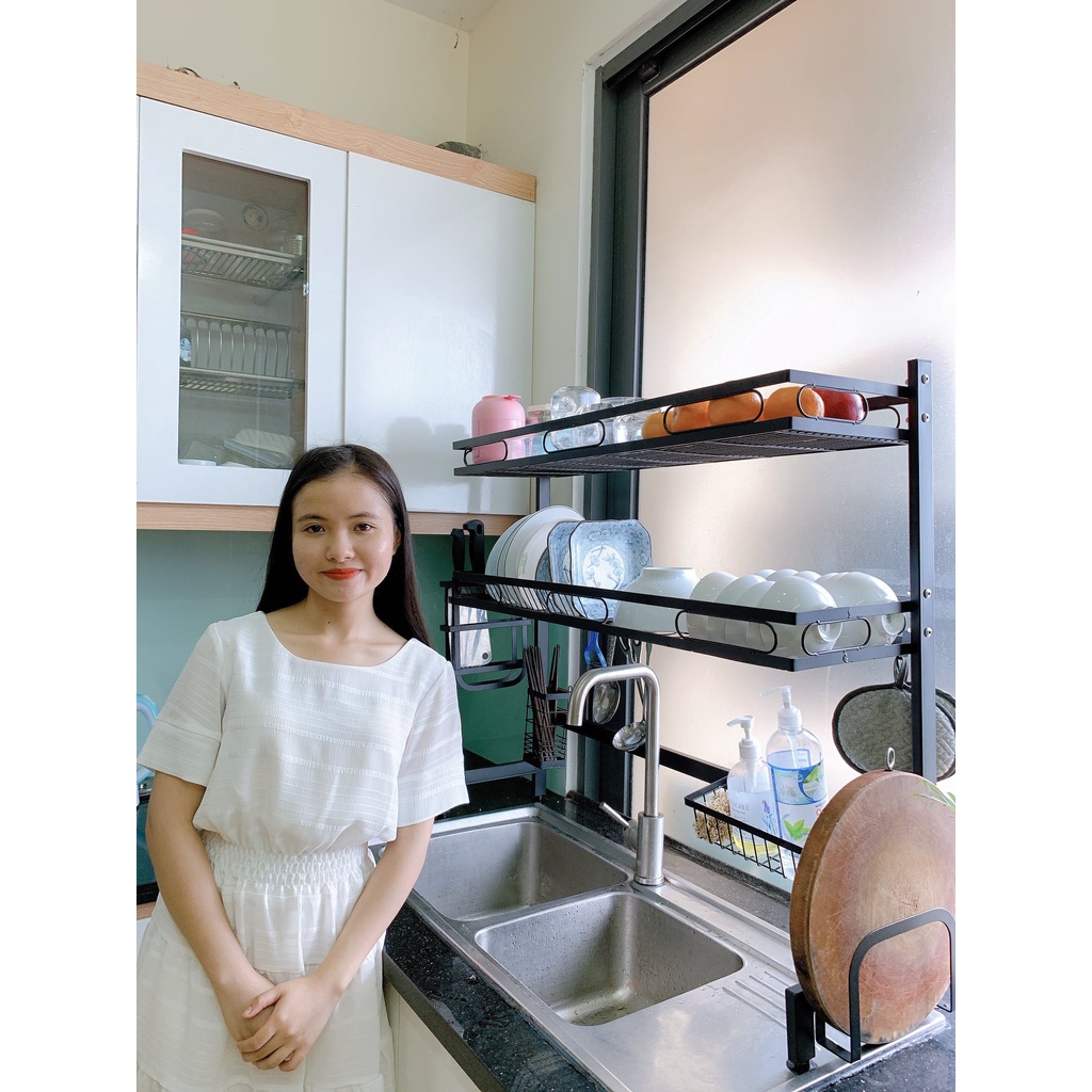 Kệ Để Chén Đĩa Inox Thông Minh 1 - 2 Tầng, Giá Úp Bát Đĩa Kèm Các Phụ Kiện Tiện Ích, Thép Cacbon Sơn Tĩnh Điện MKS002
