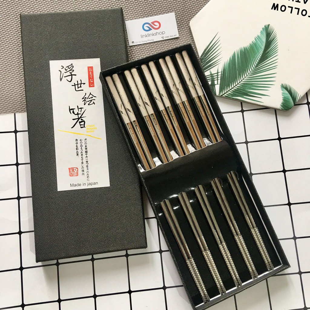 Set 5 đũa ăn Nhật Bản inox 304 mẫu hoa văn đặc ruột cao cấp chống trơn trượt