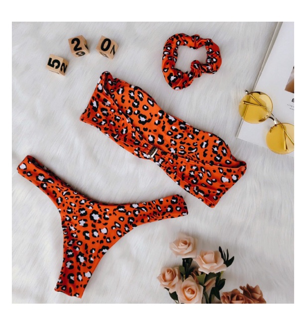 [BKN565] &lt;ÂU&gt; SET BIKINI QUÂY 3 MÓN BEO CAM KÈM SCRUNCHIE