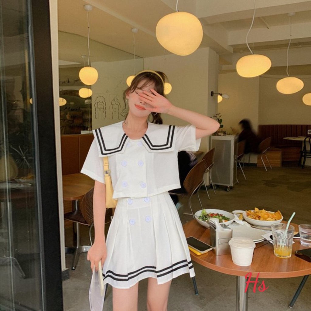 set váy thuỷ thủ chất cotton 2 màu đen trắng