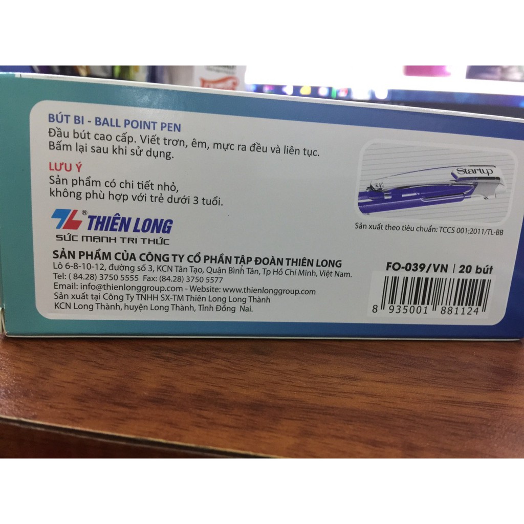 Hộp bút bi thiên long mực xanh 20 chiếc FO-039 ngòi nhỏ 0.5mm đầu bấm - có cài - MIKE STORE
